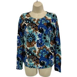 J Crew Womens Lightweight Sweater Small Floral Blue Colorful Long Sleeve Cotton